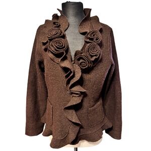 Marisa Christina Brown Wool Rose Ruffle Sweater Pockets Women Bridgerton Size L
